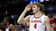 Mar 27, 2025; Newark, NJ, USA; Alabama Crimson Tide forward Grant Nelson (4) celebrates during the second half against the Brigham Young Cougars during an East Regional semifinal of the 2025 NCAA tournament at Prudential Center