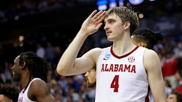 Mar 27, 2025; Newark, NJ, USA; Alabama Crimson Tide forward Grant Nelson (4) celebrates during the second half against the Brigham Young Cougars during an East Regional semifinal of the 2025 NCAA tournament at Prudential Center. Mandatory Credit: Vincent Carchietta-Imagn Images