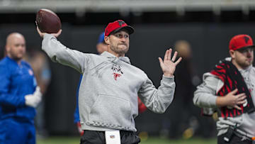 Dec 22, 2024; Atlanta, Georgia, USA; Atlanta Falcons quarterback Kirk Cousins (18) warms up on the field prior to the game against the New York Giants at Mercedes-Benz Stadium. Mandatory Credit: Dale Zanine-Imagn Images