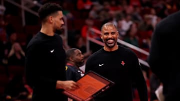 Nov 22, 2024; Houston, Texas, USA; Houston Rockets head coach Ime Udoka smiles during a timeout against the Portland Trailblazers during the third quarter at Toyota Center. Mandatory Credit: Erik Williams-Imagn Images