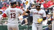 May 7, 2025; Washington, District of Columbia, USA; Cleveland Guardians second baseman Gabriel Arias (13) and first baseman Carlos Santana (41) celebrate after both scored during the sixth inning against the Washington Nationals at Nationals Park. Mandatory Credit: Brad Mills-Imagn Images