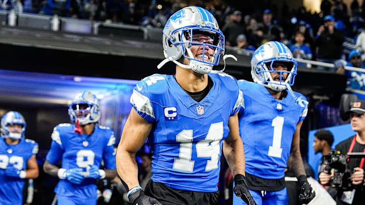 Detroit Lions wide receiver Amon-Ra St. Brown (14) takes the field for warm up before the game between Detroit Lions and Green Bay Packers at Ford Field in Detroit on Thursday, Dec. 5, 2024. Detroit Lions wide receiver Amon-Ra St. Brown (14) takes the field for warm up before the game between Detroit Lions and Green Bay Packers at Ford Field in Detroit on Thursday, Dec. 5, 2024.