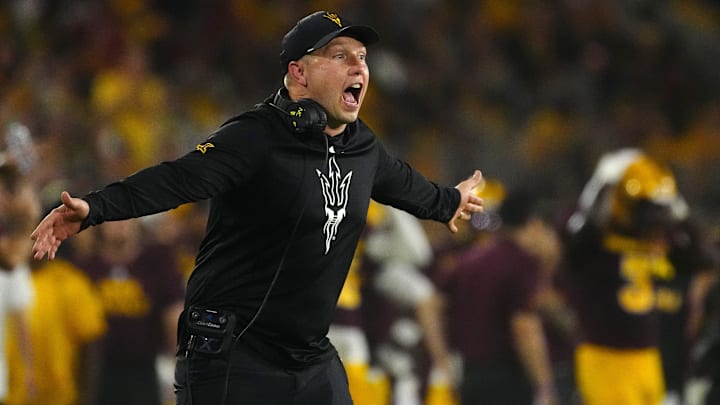 Arizona State head coach Kenny Dillingham yells to his team as they play against NAU during a game at Mountain America Stadium in Tempe on Aug. 30, 2025.