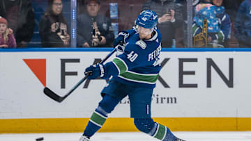 Mar 18, 2025; Vancouver, British Columbia, CAN; Vancouver Canucks forward Elias Pettersson (40) shoots during warm up prior to a game against the Winnipeg Jets at Rogers Arena.  Mandatory Credit: Bob Frid-Imagn Images