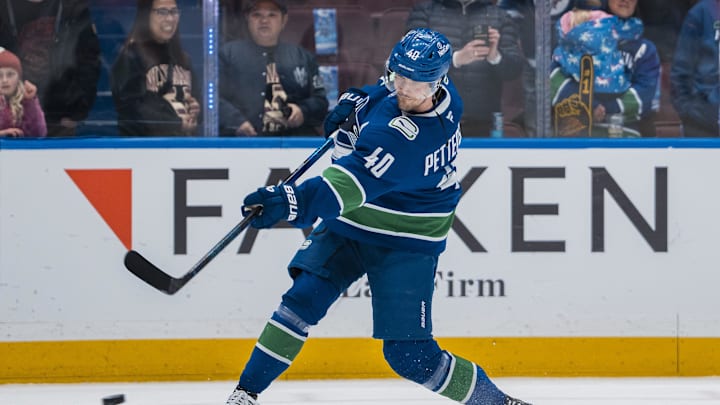 Mar 18, 2025; Vancouver, British Columbia, CAN; Vancouver Canucks forward Elias Pettersson (40) shoots during warm up prior to a game against the Winnipeg Jets at Rogers Arena.  Mandatory Credit: Bob Frid-Imagn Images