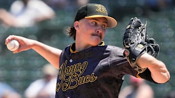 Indianapolis Indians starting pitcher Bubba Chandler (53) throws to Louisville Bats outfielder Blake Dunn (32) during the third inning of a game Sunday, May 18, 2025, at Victory Field in Indianapolis.