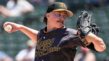 Indianapolis Indians starting pitcher Bubba Chandler (53) throws to Louisville Bats outfielder Blake Dunn (32) during the third inning of a game Sunday, May 18, 2025, at Victory Field in Indianapolis.