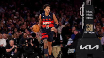 Nov 18, 2024; New York, New York, USA; Washington Wizards guard Jordan Poole (13) brings the ball up court against the New York Knicks during the second quarter at Madison Square Garden. Mandatory Credit: Brad Penner-Imagn Images