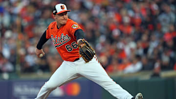Oct 8, 2023; Baltimore, Maryland, USA; Baltimore Orioles relief pitcher Jacob Webb (66) pitches during the third inning against the Texas Rangers during game two of the ALDS for the 2023 MLB playoffs at Oriole Park at Camden Yards. Mandatory Credit: Mitch Stringer-Imagn Images