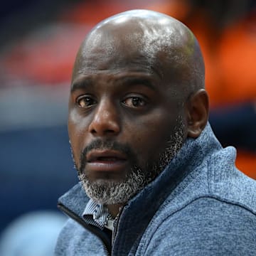 Dec 30, 2023; Syracuse, New York, USA; Syracuse Orange assistant coach Allen Griffin looks on prior to the game against the Pittsburgh Panthers at the JMA Wireless Dome. Mandatory Credit: Rich Barnes-Imagn Images