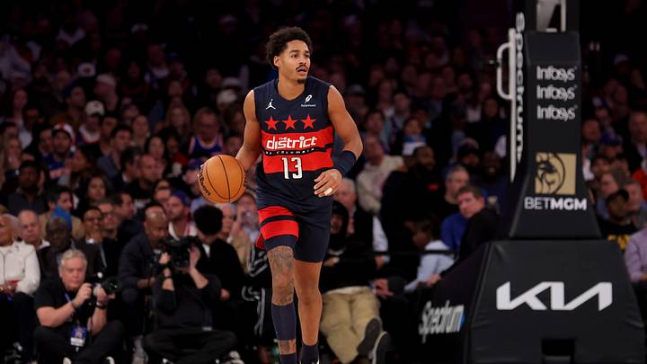 Nov 18, 2024; New York, New York, USA; Washington Wizards guard Jordan Poole (13) brings the ball up court against the New York Knicks during the second quarter at Madison Square Garden. Mandatory Credit: Brad Penner-Imagn Images