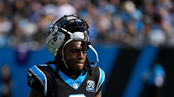 Nov 3, 2024; Charlotte, North Carolina, USA; Carolina Panthers cornerback Jaycee Horn (8) in the first quarter at Bank of America Stadium. Mandatory Credit: Bob Donnan-Imagn Images Nov 3, 2024; Charlotte, North Carolina, USA; Carolina Panthers cornerback Jaycee Horn (8) in the first quarter at Bank of America Stadium. Mandatory Credit: Bob Donnan-Imagn Images