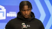 Feb 29, 2024; Indianapolis, IN, USA; Georgia defensive back Kamari Lassiter (DB23) talks to the media during the 2024 NFL Combine at Lucas Oil Stadium. Mandatory Credit: Trevor Ruszkowski-USA TODAY Sports