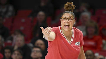 Feb 29, 2024; College Park, Maryland, USA;  Wisconsin Badgers head coach Marisa Moseley  reacts during the first half against the Maryland Terrapins at Xfinity Center. Mandatory Credit: Tommy Gilligan-Imagn Images