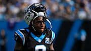 Nov 3, 2024; Charlotte, North Carolina, USA; Carolina Panthers cornerback Jaycee Horn (8) in the first quarter at Bank of America Stadium. Mandatory Credit: Bob Donnan-Imagn Images