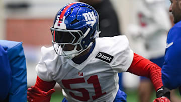 May 9, 2025; East Rutherford, NJ, USA; New York Giants linebacker Abdul Carter (51) participates in a drill during rookie minicamp at Quest Diagnostics Training Center. Mandatory Credit: John Jones-Imagn Images