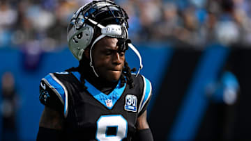 Nov 3, 2024; Charlotte, North Carolina, USA; Carolina Panthers cornerback Jaycee Horn (8) in the first quarter at Bank of America Stadium. Mandatory Credit: Bob Donnan-Imagn Images