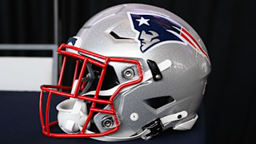 Jan 17, 2024; Foxborough, MA, USA; A New England Patriots helmet sits on a table at Gillette Stadium. Mandatory Credit: Eric Canha-Imagn Images