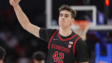 Mar 13, 2025; Charlotte, NC, USA; Stanford Cardinal forward Maxime Raynaud (42) after a dunk against the Louisville Cardinals during the second half at Spectrum Center. Mandatory Credit: Jim Dedmon-Imagn Images