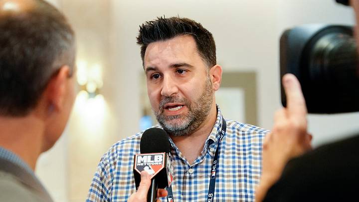 Nov 9, 2022; Las Vegas, NV, USA; Atlanta Braves general manager Alex Anthopoulos answers questions from the media during the MLB GM Meetings at The Conrad Las Vegas. Mandatory Credit: Lucas Peltier-USA TODAY Sports
