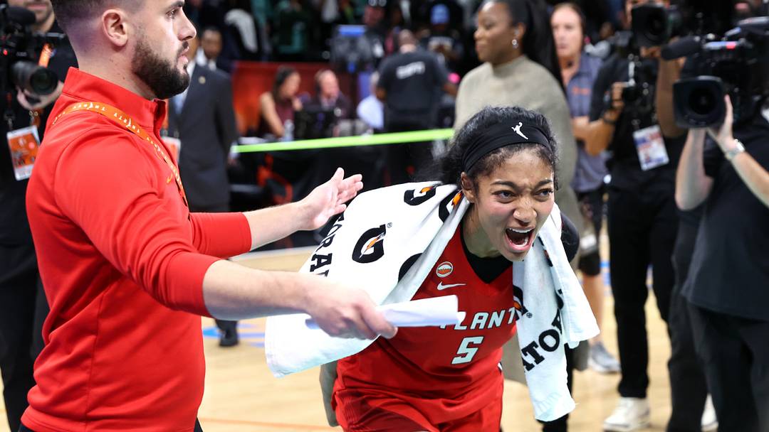 Oct 9, 2026; Brooklyn, New York, USA; Atlanta Dream forward Angel Reese (5) reacts after defeating hte New York Liberty in game three of the second round for the 2026 WNBA Playoffs at Barclays Center. Mandatory Credit: Wendell Cruz-Imagn Images Oct 9, 2026; Brooklyn, New York, USA; Atlanta Dream forward Angel Reese (5) reacts after defeating hte New York Liberty in game three of the second round for the 2026 WNBA Playoffs at Barclays Center. Mandatory Credit: Wendell Cruz-Imagn Images
