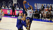 May 14, 2024; Chicago, IL, USA; Dillon Jones (51) and Jamir Watkins (5) participate during the 2024 NBA Draft Combine  at Wintrust Arena. Mandatory Credit: David Banks-USA TODAY Sports