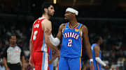 Apr 26, 2025; Memphis, Tennessee, USA; Oklahoma City Thunder guard Shai Gilgeous-Alexander (2) reacts during the fourth quarter against the Memphis Grizzlies during game four for the first round of the 2024 NBA Playoffs at FedExForum. Mandatory Credit: Petre Thomas-Imagn Images