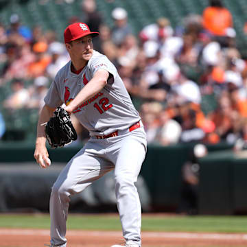May 26, 2025; Baltimore, Maryland, USA; St. Louis Cardinals pitcher Erick Fedde (12) delivers a pitch against the Baltimore Orioles during the first inning at Oriole Park at Camden Yards. Mandatory Credit: Gregory Fisher-Imagn Images