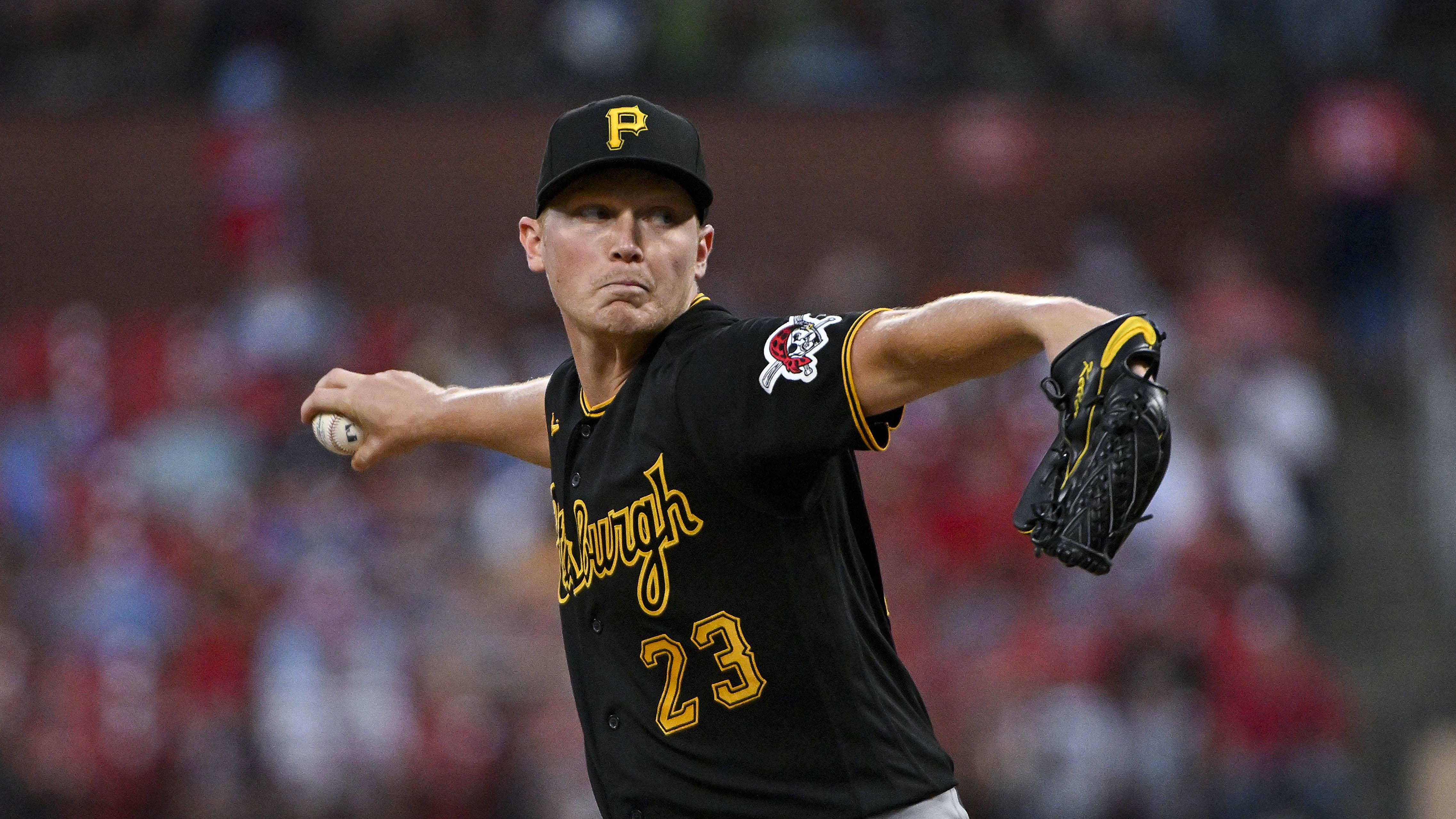 Sep 1, 2023; St. Louis, Missouri, USA;  Pittsburgh Pirates starting pitcher Mitch Keller (23) faces the St. Louis Cardinals.