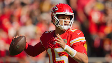 Oct 19, 2025; Kansas City, Missouri, USA; Kansas City Chiefs quarterback Patrick Mahomes (15) throws a pass during the first half against the Las Vegas Raiders at GEHA Field at Arrowhead Stadium. Mandatory Credit: Jay Biggerstaff-Imagn Images