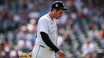 Detroit Tigers pitcher Luke Jackson (49) walks off the field for pitching change against Toronto Blue Jays during the ninth inning at Comerica Park in Detroit on Sunday, July 27, 2025.