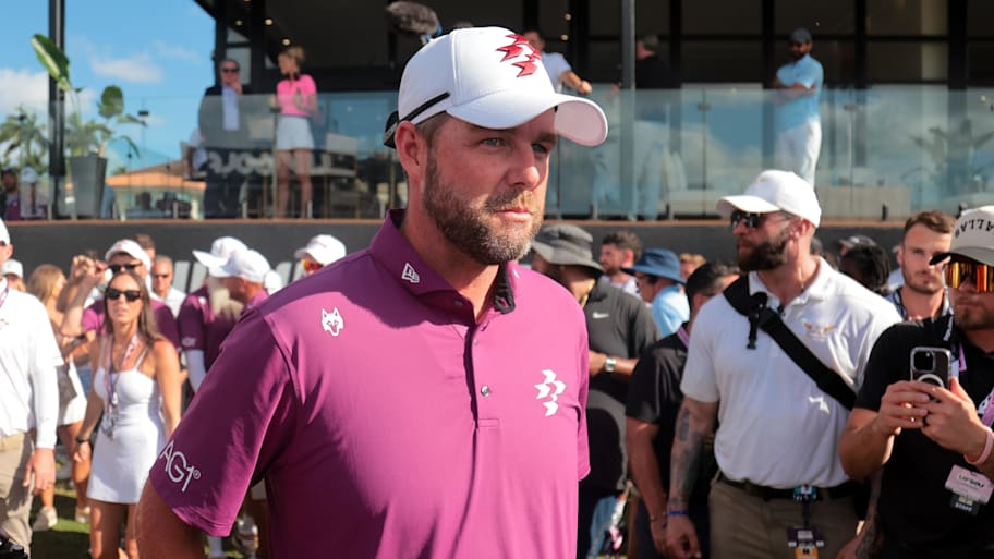 Apr 6, 2025; Miami, Florida, USA; Marc Leishman looks on from the eighteen green after winning LIV Miami.
