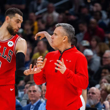 Feb 15, 2023; Indianapolis, Indiana, USA; Chicago Bulls guard Zach LaVine (8) and head coach Billy Donovan in the second half against the Indiana Pacers at Gainbridge Fieldhouse. 