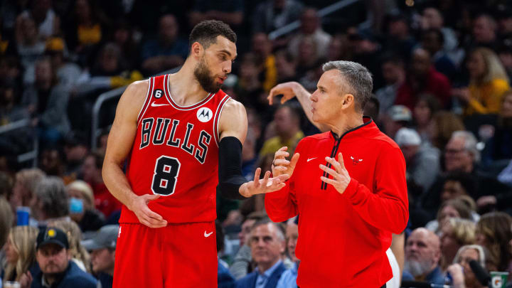 Feb 15, 2023; Indianapolis, Indiana, USA; Chicago Bulls guard Zach LaVine (8) and head coach Billy Donovan in the second half against the Indiana Pacers at Gainbridge Fieldhouse. 