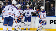 Mar 16, 2025; New York, New York, USA; Edmonton Oilers center Connor McDavid (97) celebrates his goal against the New York Rangers during the third period at Madison Square Garden. Mandatory Credit: Danny Wild-Imagn Images