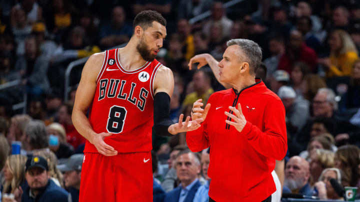 Feb 15, 2023; Indianapolis, Indiana, USA; Chicago Bulls guard Zach LaVine (8) and head coach Billy Donovan in the second half against the Indiana Pacers at Gainbridge Fieldhouse. 