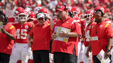Aug 20, 2022; Kansas City, Missouri, USA; Kansas City Chiefs head coach Andy Reid watches play on the sidelines against the Washington Commanders during the first half at GEHA Field at Arrowhead Stadium. Mandatory Credit: Denny Medley-Imagn Images