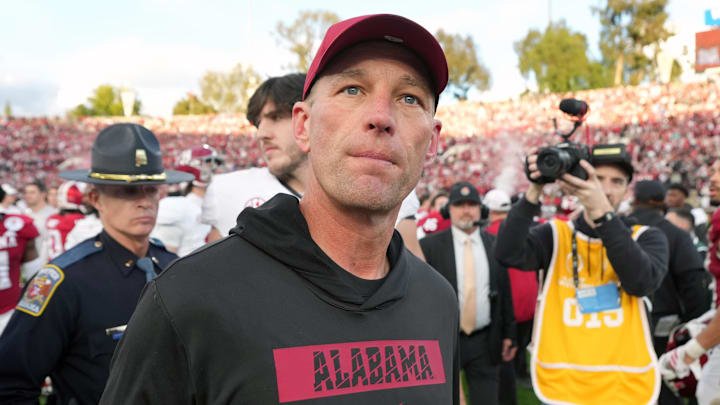 Jan 1, 2026; Pasadena, CA, USA; Alabama Crimson Tide head coach Kalen Deboer leaves the field after the 2026 Rose Bowl and quarterfinal game of the College Football Playoff against the Indiana Hoosiers at Rose Bowl Stadium. Mandatory Credit: Kirby Lee-Imagn Images