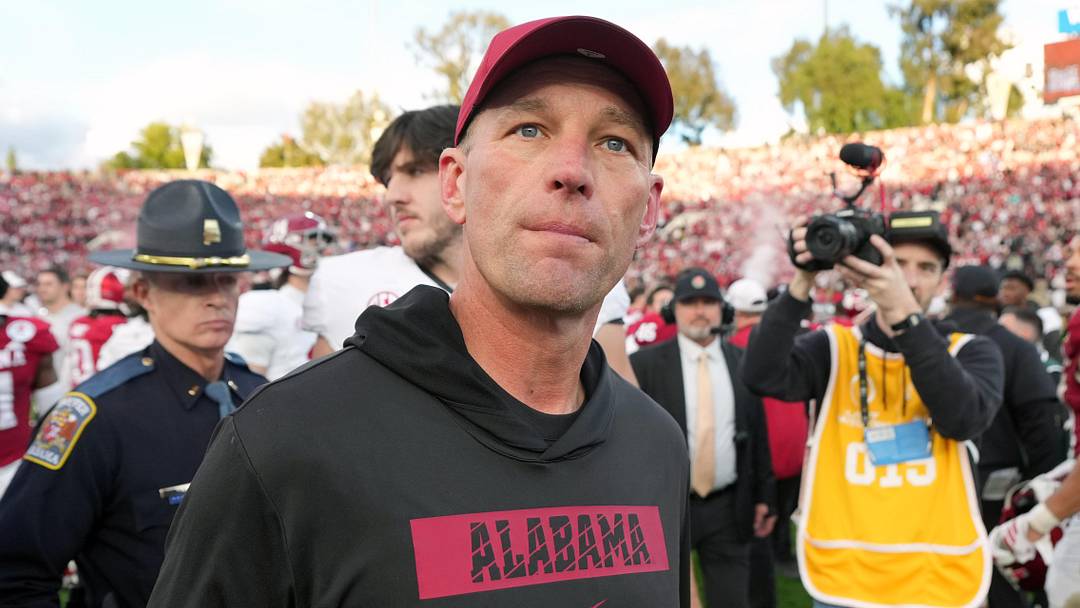Jan 1, 2026; Pasadena, CA, USA; Alabama Crimson Tide head coach Kalen Deboer leaves the field after the 2026 Rose Bowl and quarterfinal game of the College Football Playoff against the Indiana Hoosiers at Rose Bowl Stadium. Mandatory Credit: Kirby Lee-Imagn Images