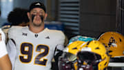 Nov 30, 2024; Tucson, Arizona, USA; Arizona State Sun Devils defensive lineman Zac Swanson (92) against the Arizona Wildcats during the Territorial Cup at Arizona Stadium. Mandatory Credit: Mark J. Rebilas-Imagn Images