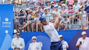 Adam Svensson tees off on the first hole during the final round of the Zurich Classic of New Orleans golf tournament.