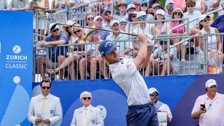 Adam Svensson tees off on the first hole during the final round of the Zurich Classic of New Orleans golf tournament. Adam Svensson tees off on the first hole during the final round of the Zurich Classic of New Orleans golf tournament.