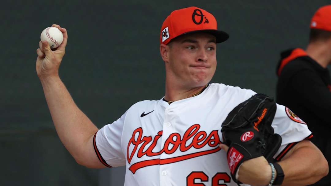 Feb 16, 2025; Sarasota, FL, USA; Baltimore Orioles pitcher Justin Armbruester (66) throws a bullpen session during spring training workouts at Ed Smith Stadium. Mandatory Credit: Kim Klement Neitzel-Imagn Images Feb 16, 2025; Sarasota, FL, USA; Baltimore Orioles pitcher Justin Armbruester (66) throws a bullpen session during spring training workouts at Ed Smith Stadium. Mandatory Credit: Kim Klement Neitzel-Imagn Images