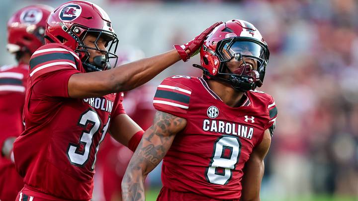 Nov 22, 2025; Columbia, South Carolina, USA; South Carolina Gamecocks defensive back Judge Collier (8) and defensive back Peyton Williams (31) celebrate a play against the Coastal Carolina Chanticleers in the first quarter at Williams-Brice Stadium. Mandatory Credit: Jeff Blake-Imagn Images
