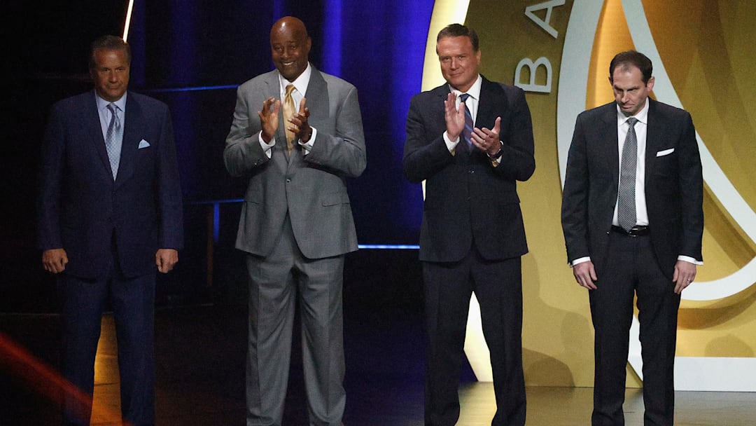 John Calipari (from left), Sidney Moncrief, Bill Self and Sean Sutton at the 2021 Basketball Hall of Fame Enshrinement Ceremony