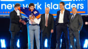 Jun 28, 2024; Las Vegas, Nevada, USA; Cole Eiserman is selected by the New York Islanders with the 20th overall pick in the first round of the 2024 NHL Draft at The Sphere. Mandatory Credit: Stephen R. Sylvanie-USA TODAY Sports