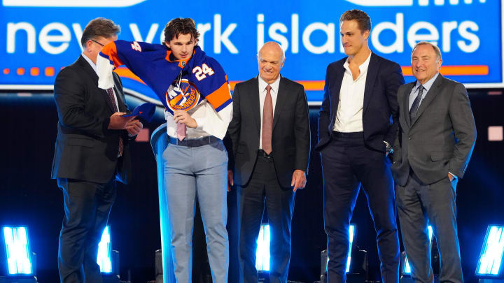 Jun 28, 2024; Las Vegas, Nevada, USA; Cole Eiserman is selected by the New York Islanders with the 20th overall pick in the first round of the 2024 NHL Draft at The Sphere. Mandatory Credit: Stephen R. Sylvanie-USA TODAY Sports