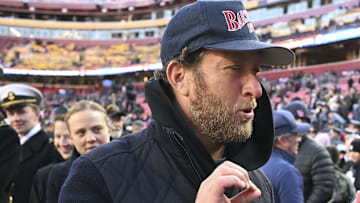 Dec 14, 2024; Landover, Maryland, USA;  Dave Portnoy stand son the sidelines before the game between the Army Black Knights and the Navy Midshipmen  at Commanders Field. Mandatory Credit: Tommy Gilligan-Imagn Images