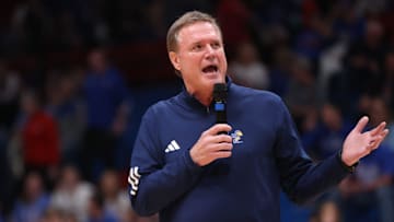 Kansas coach Bill Self introduces the senior for speeches following the Sunflower Showdown game inside Allen Fieldhouse Tuesday, March 5, 2024.