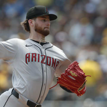 Aug 4, 2024; Pittsburgh, Pennsylvania, USA;  Arizona Diamondbacks starting pitcher Ryne Nelson (19) delivers a pitch against the Pittsburgh Pirates/ during the first inning at PNC Park. Mandatory Credit: Charles LeClaire-USA TODAY Sports